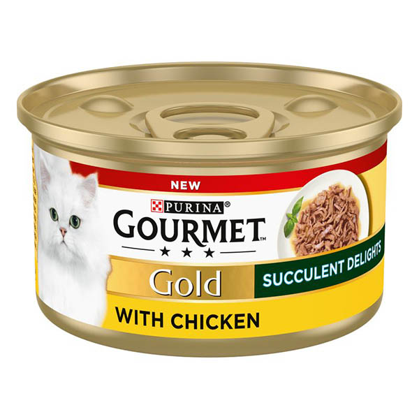 کنسرو گربه مرغ تکه ای ریش ریش 85گرمی آلمانی Gourmet Gold